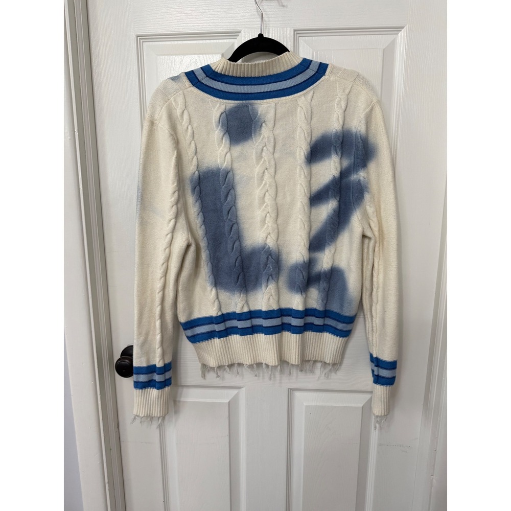 House of Sunny Varsity Cable Knit Sweater Blue Cream Distressed V-Neck XS - Picture 8 of 9